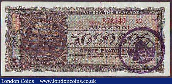 London Coins : A148 : Lot 252 : Greece 100,000,000 drachmai dated 1944 series 872949 ΞΟ, Pick162, Provisional Treasury is...