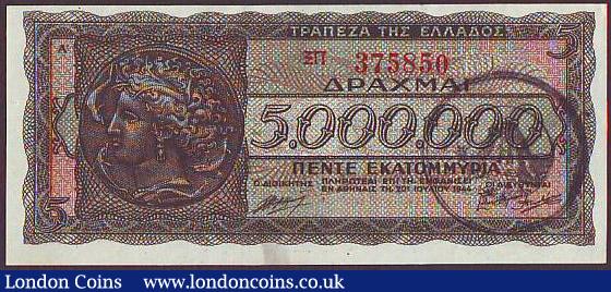 London Coins : A148 : Lot 253 : Greece 100,000,000 drachmai dated 1944 series ΞΠ 375850, Pick162, Provisional Treasury issue N...