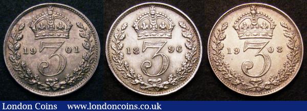 Threepences (3) 1896 ESC 2108 A/UNC, 1901 ESC 2113 GEF toned, 1908 ESC 2121 A/UNC : English Coins : Auction 148 : Lot 2570