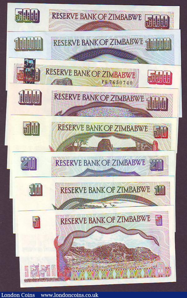 Zimbabwe Reserve Bank (8) $5 1997 Pick5, $10 1997 Pick6a, $20 1997 Pick7a, $50 1994 Pick8a, $100 1995 Pick9a, $500 2001 Pick10 about EF, $500 2001 Pick11 and $1000 2003 Pick12, apart from Pick10 mostly about UNC to UNC : World Banknotes : Auction 148 : Lot 373