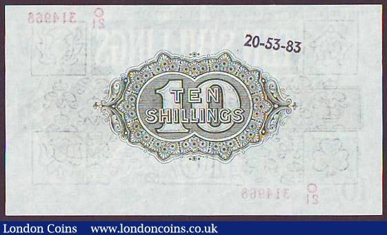 London Coins : A148 : Lot 43 : Treasury 10 shillings Warren Fisher T30 issued 1922 series O/21 314968, stamped bank number on rever...