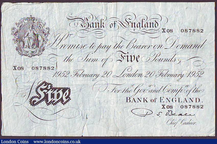 London Coins : A148 : Lot 49 : Bank of England and Treasury (9) includes Beale white £5 1952 large tear Fine, Warren Fisher 1...