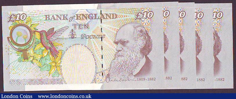 London Coins : A148 : Lot 75 : Ten Pounds Lowther B388 (5) issued 2000 first run series AA01 005837 to AA01 005841, tiny counting f...