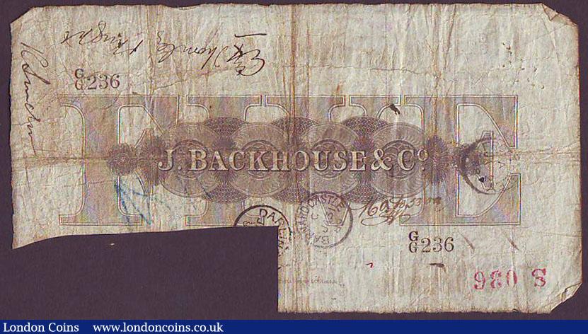 London Coins : A148 : Lot 84 : Darlington Bank £5 dated 1895 for Jonathan Backhouse & Comp., signatures cut cancelled, Fa...