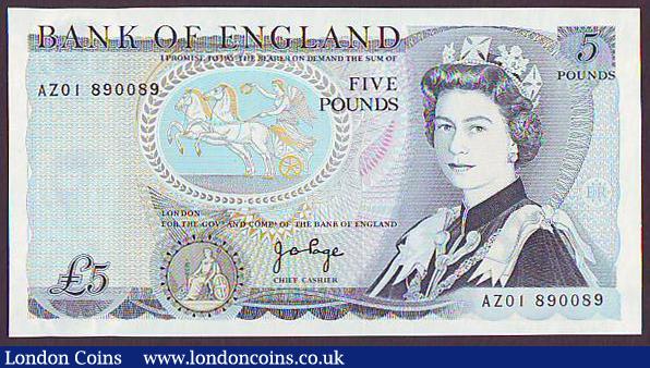 Five pounds Page B336 issued 1973 fun number AZ01 890089, Pick378b, UNC : English Banknotes : Auction 149 : Lot 157