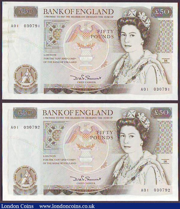 Fifty pounds Somerset B352 (2) issued 1981, a consecutively numbered pair first series A01 030791 (some glue residue left side) & A01 030792, Christopher Wren on reverse, about UNC to UNC : English Banknotes : Auction 149 : Lot 174