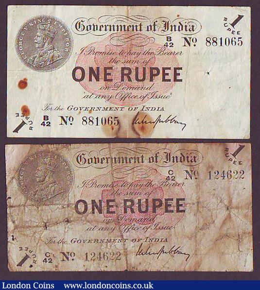 India 1 rupee KGV (2) issued 1917 with Gubbay signature, Pick1g series B/42 881065, rust & staple hole good Fine & C/42 124622 VG, scarcer branch prefix letters : World Banknotes : Auction 149 : Lot 358