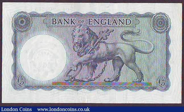 London Coins : A149 : Lot 135 : Five pounds O'Brien B277 issued 1957, Helmeted Britannia first prefix of the last series E01 90...