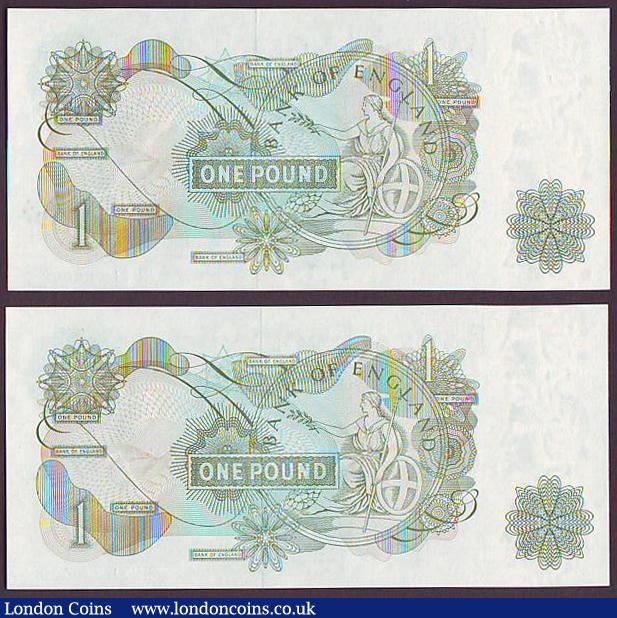 London Coins : A149 : Lot 148 : One Pound Page B322 (2) issued 1970, low numbers, series HU71 000008 & HU71 000009, Pick374g, ab...