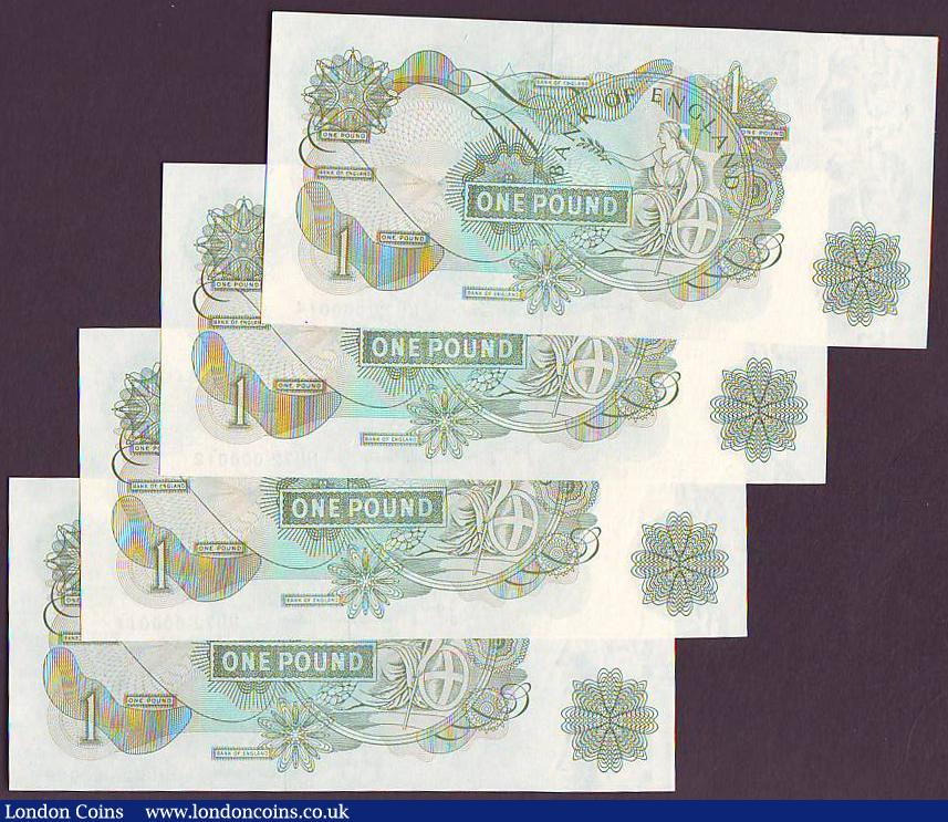 London Coins : A149 : Lot 150 : One Pound Page B322 (4) issued 1970, low numbers, series HU72 000009, HU72 000011, HU72 000012 &...