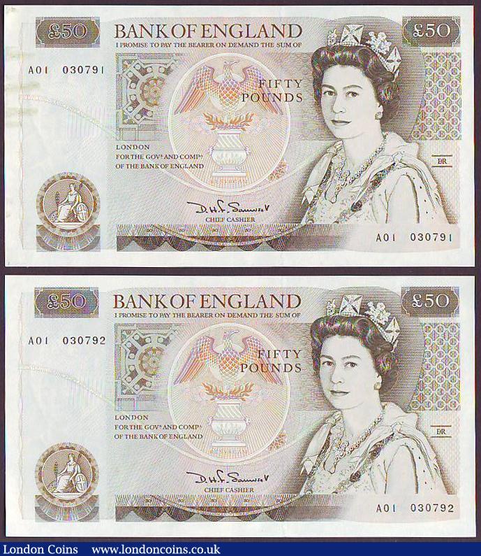 London Coins : A149 : Lot 174 : Fifty pounds Somerset B352 (2) issued 1981, a consecutively numbered pair first series A01 030791 (s...
