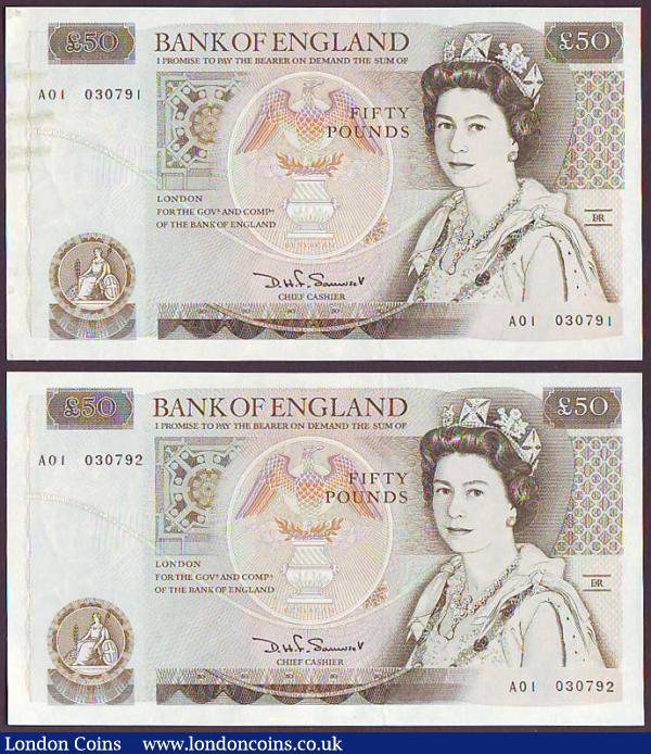 Fifty pounds Somerset B352 (2) issued 1981, a consecutively numbered pair first series A01 030791 (some glue residue left side) & A01 030792, Christopher Wren on reverse, about UNC to UNC : English Banknotes : Auction 149 : Lot 174