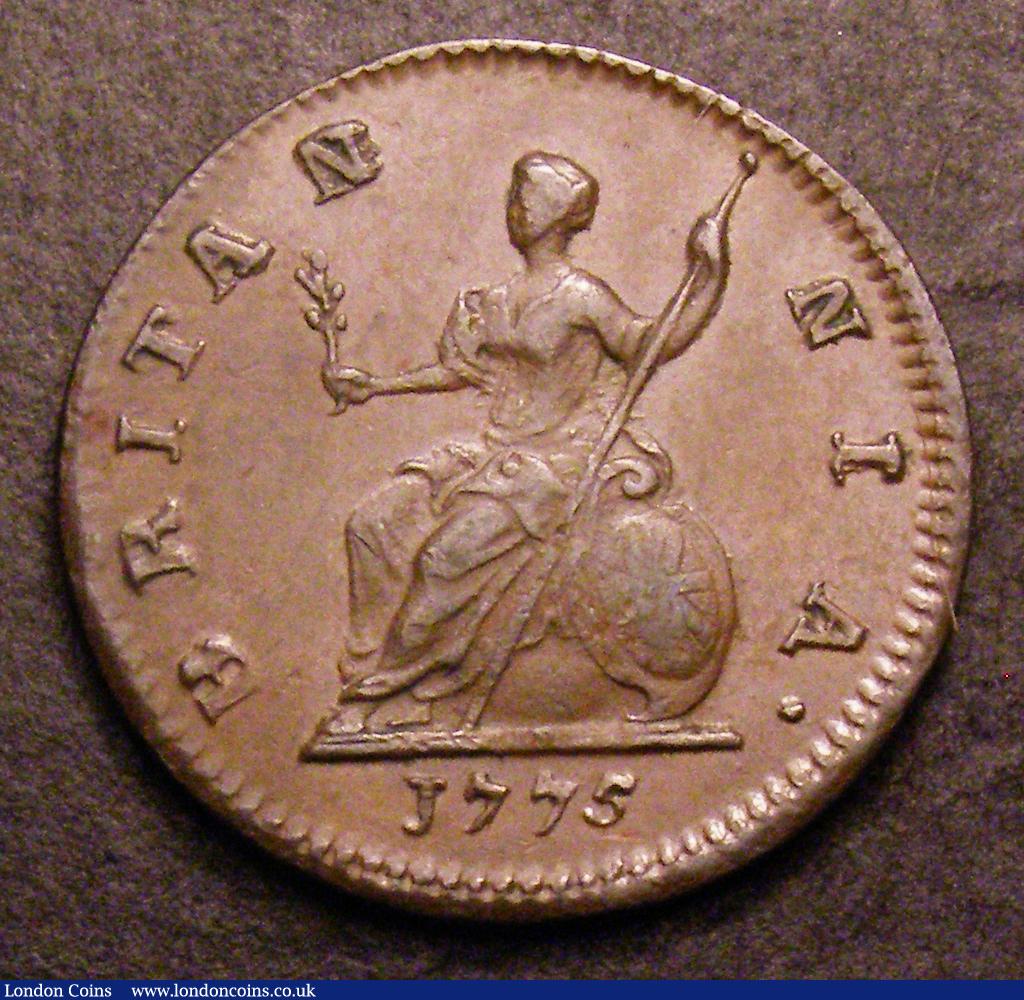 London Coins : A149 : Lot 2005 : Farthing 1775 Inverted A for V in GEORGIVS EF struck from the same dies as Cooke collection item no....