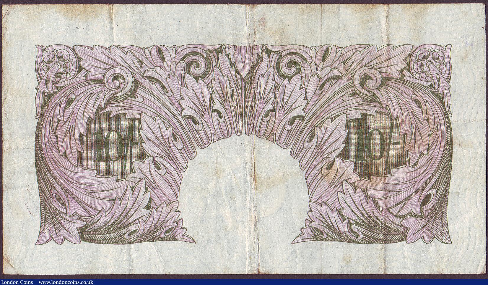 London Coins : A150 : Lot 100 : Ten shillings Peppiatt mauve B252 issued 1940 scarce replacement T07D 409845, Pick366r, ink mark and...