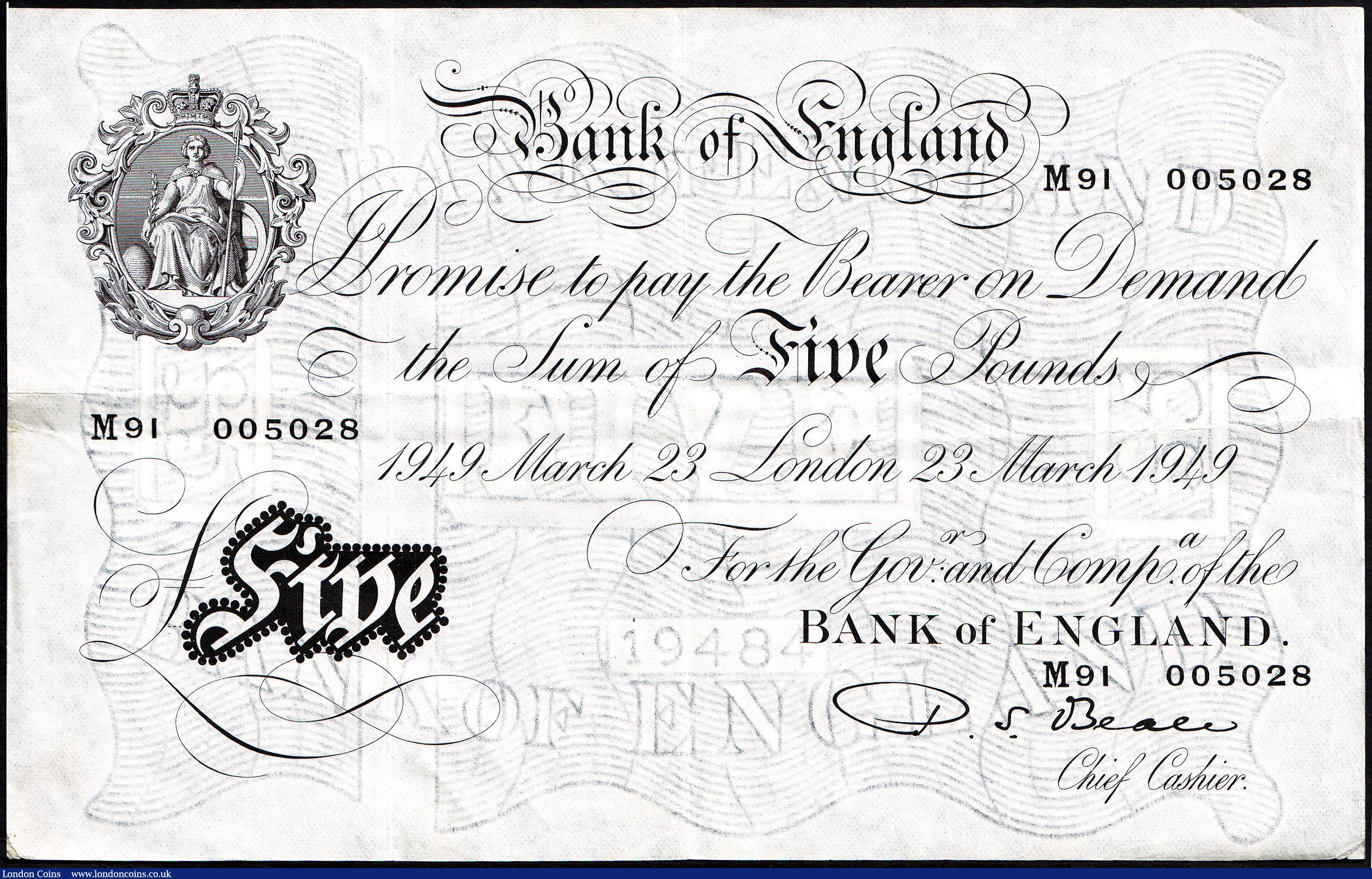 London Coins : A150 : Lot 106 : Five Pounds Beale (2 consecutives) B270 serial numbers M91 005028 and 005029 March 23 1949 VF the se...