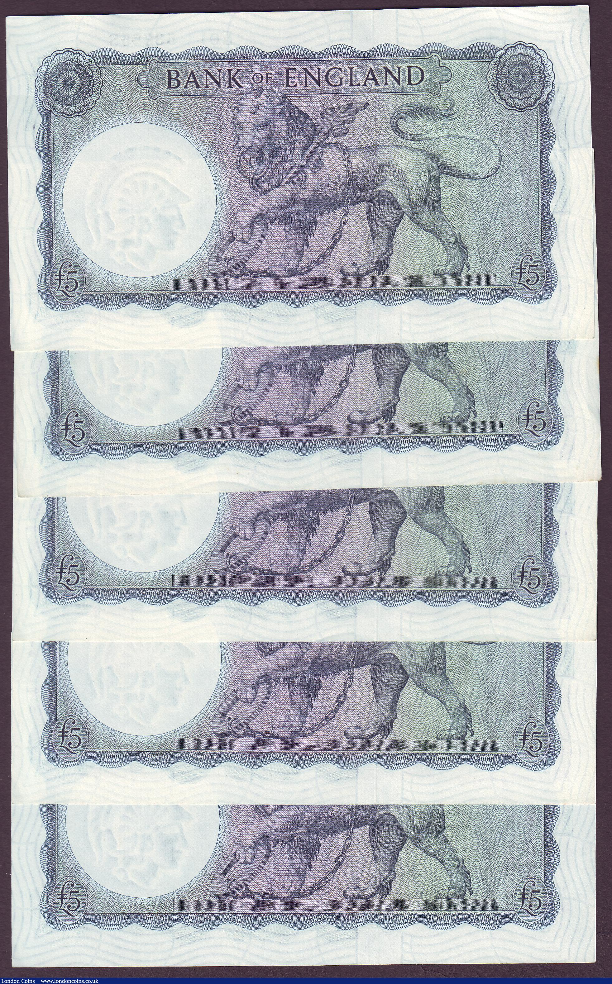 London Coins : A150 : Lot 108 : Five pounds O'Brien B277 (5) Helmeted Britannia issued 1957 a consecutively numbered last serie...