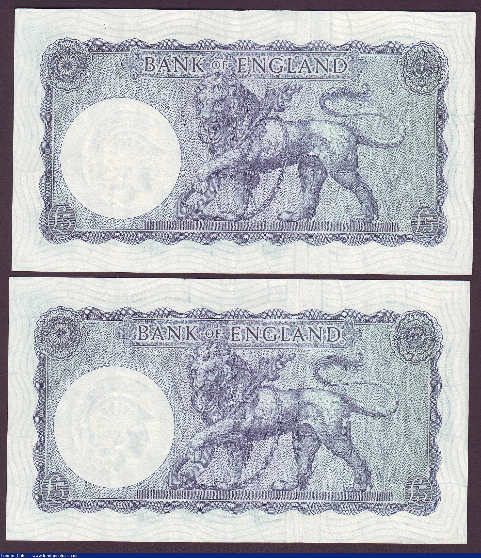London Coins : A150 : Lot 109 : Five Pounds O'Brien B280 (2) Helmeted Britannia at right, Lion & Key reverse issued 1961, a...