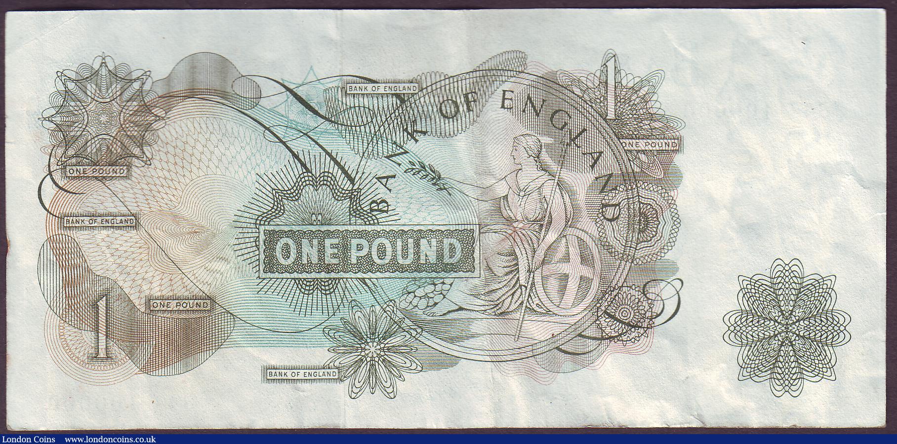 London Coins : A150 : Lot 111 : One pound Hollom B282 issued 1963, good serial number 84T 100000, some wrinkling, VF+
