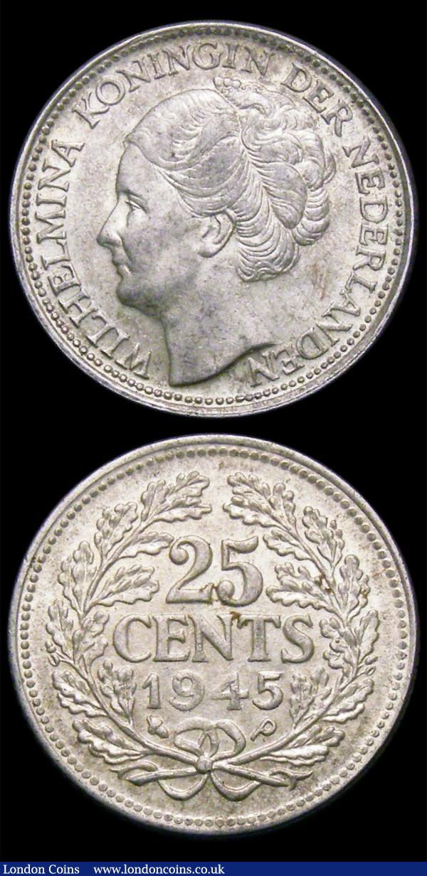 Netherlands 25 Cents 1945P Acorn Privy Mark KM#164 (3) generally EF or better a rare date, despite the mintage of 92 million pieces, almost all were melted and few survived, hence the high catalogue value : World Coins : Auction 150 : Lot 1125