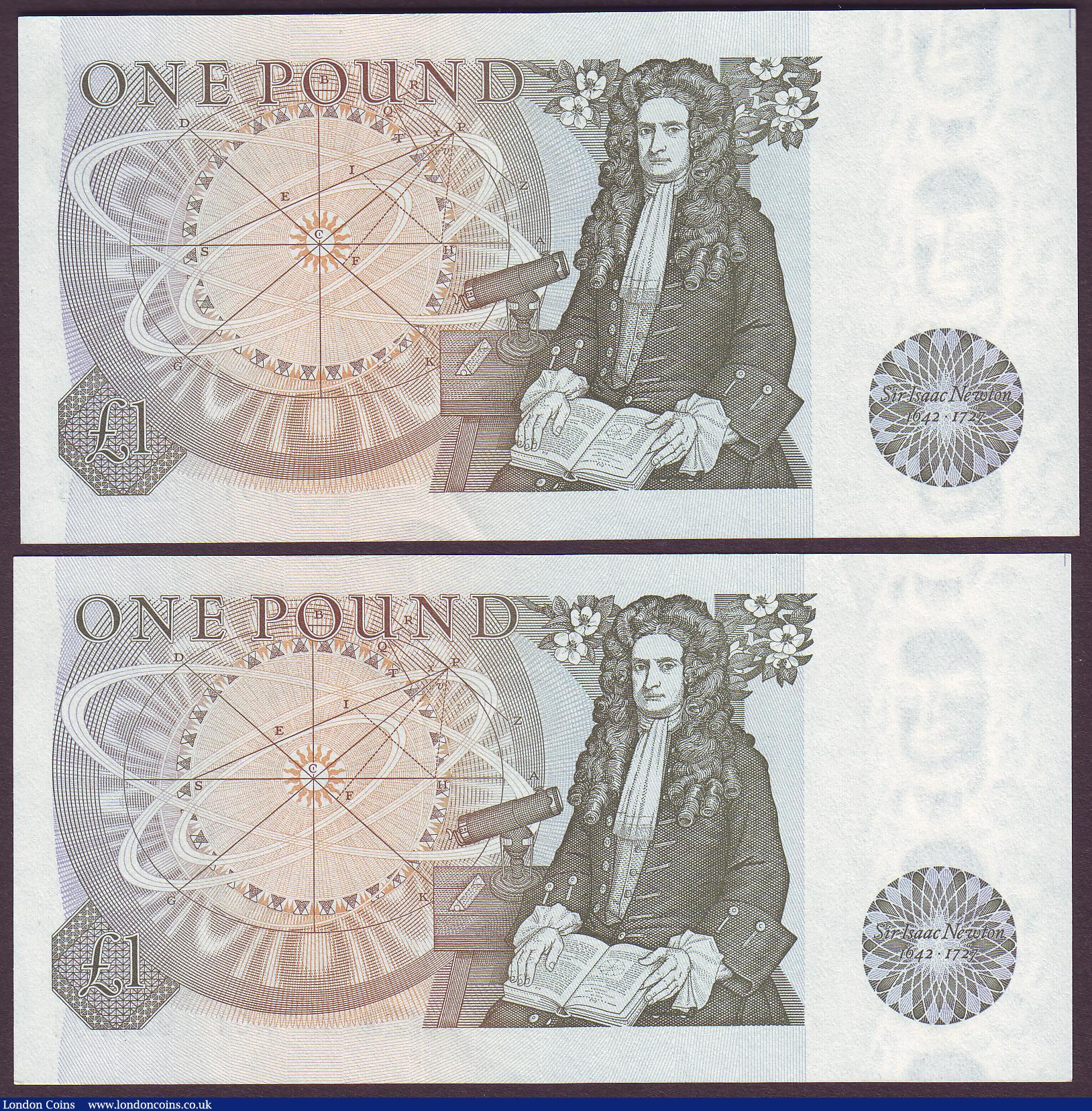 London Coins : A150 : Lot 118 : One pound Page B337 (2) issued 1978, a consecutive numbered pair, 1st run series A01 929704 & A0...