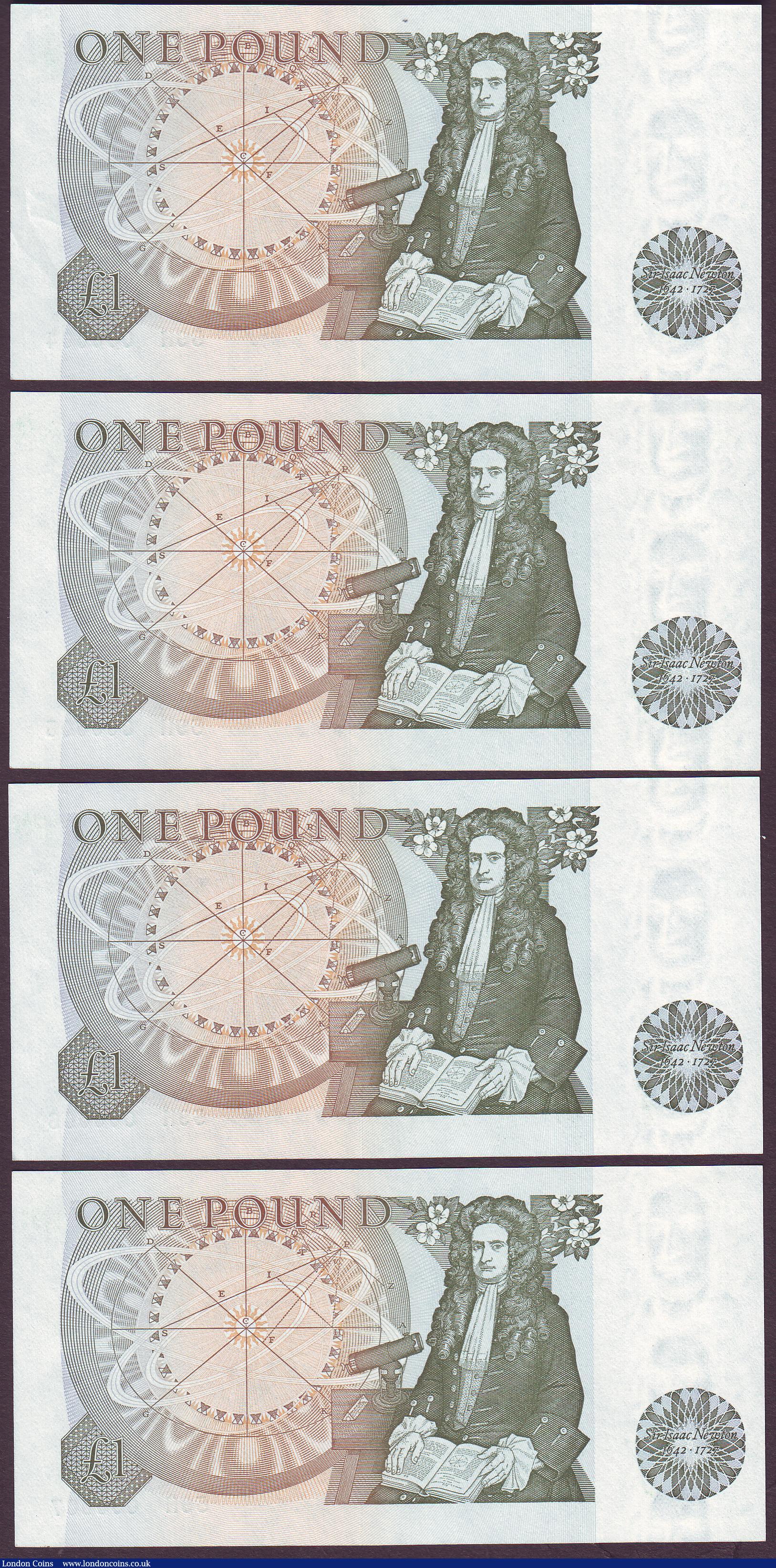 London Coins : A150 : Lot 120 : One pound Page B339 (4) issued 1978, a consecutively numbered run, low numbers 59H 000004 to 59H 000...