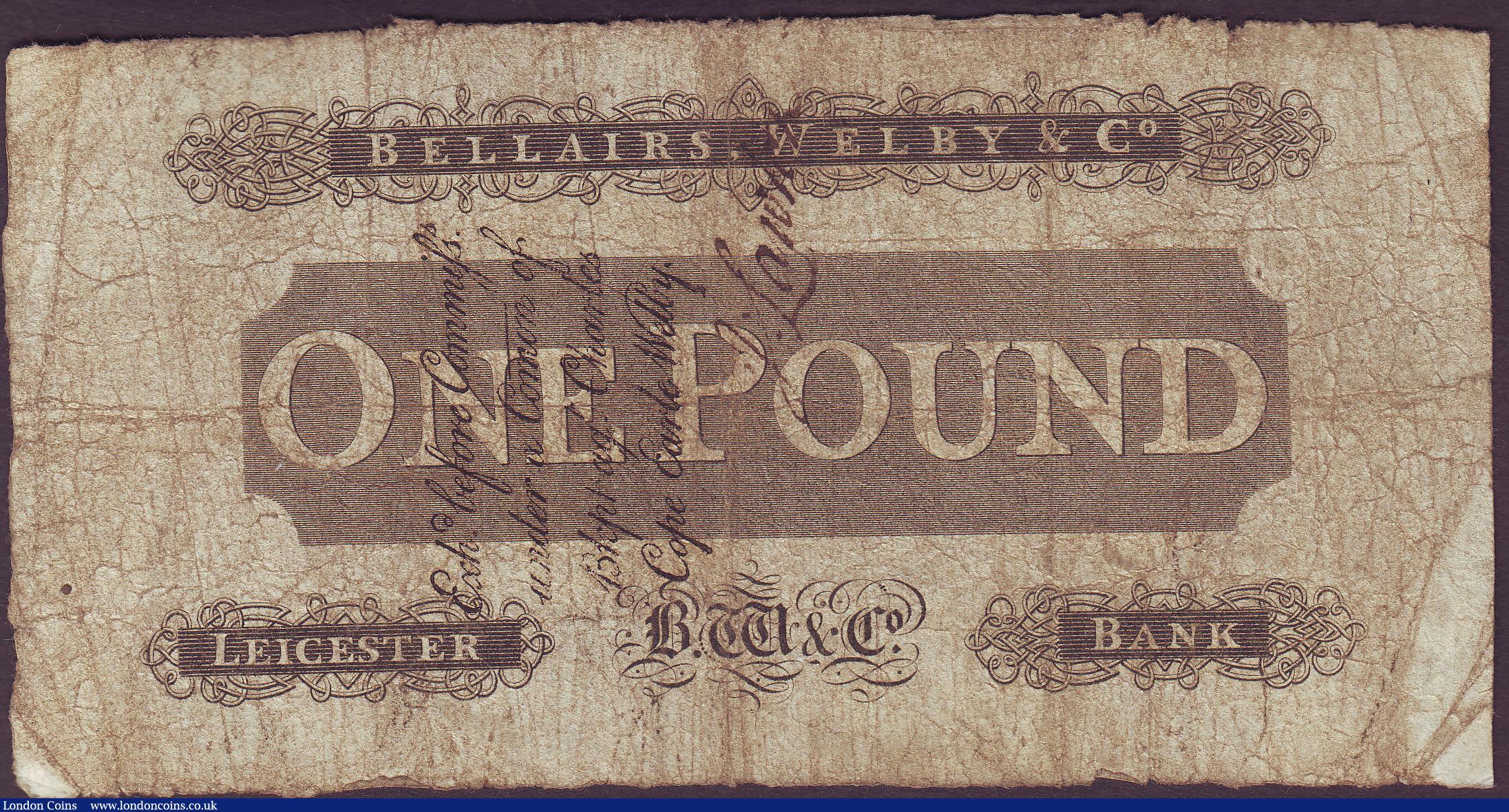London Coins : A150 : Lot 136 : Leicester Bank £1 dated 1812 series No.4654 for Bellairs Welby & Co., (Outing 1166a--later...