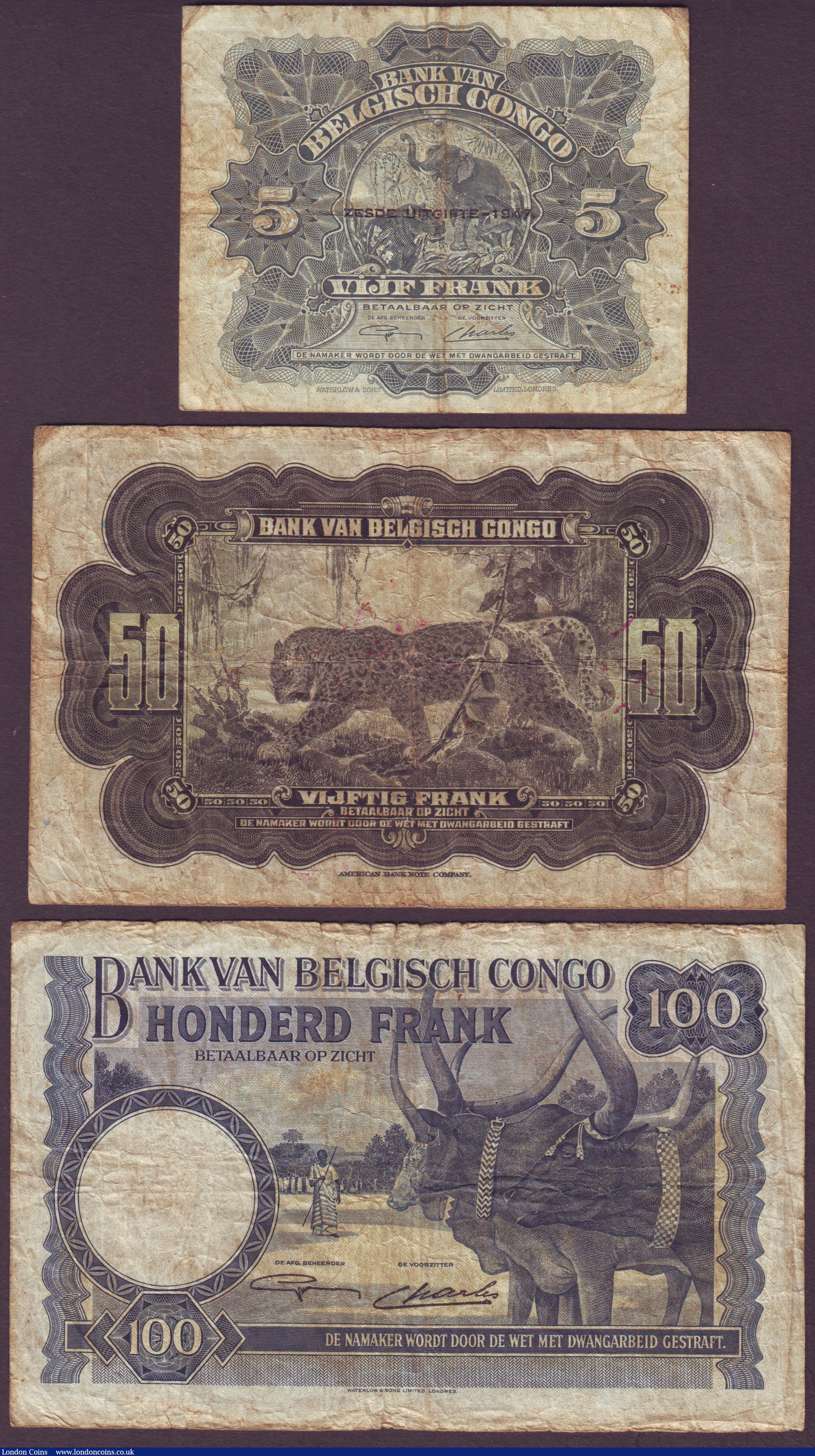 London Coins : A150 : Lot 156 : Belgian Congo (3) 100 francs 1946 Elephants Pick17c, 50 francs 1943 Leopard on reverse Pick16b and 5...