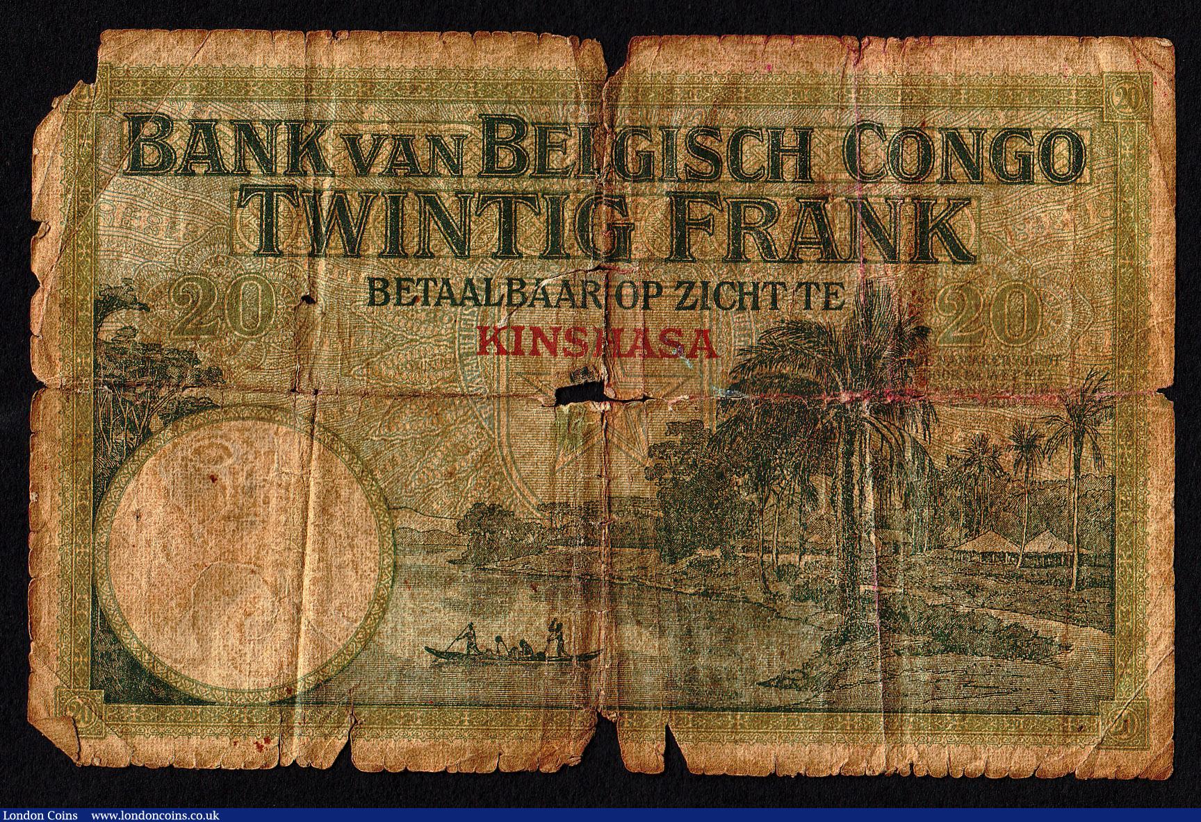 London Coins : A150 : Lot 157 : Belgian Congo 20 Francs 3.3.1920 Kinshasa Pick 10b Good with left top corner missing larger central ...