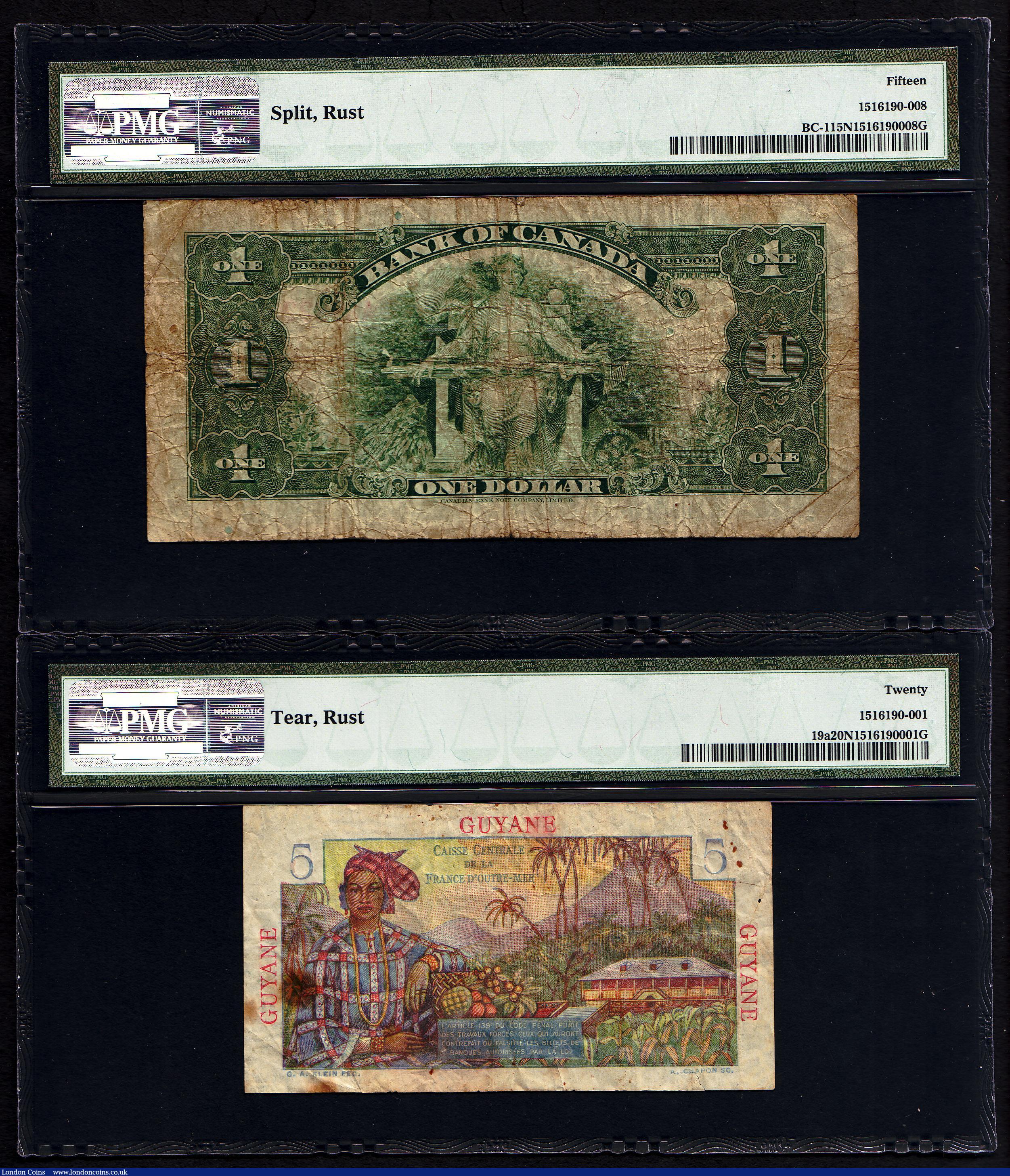 London Coins : A150 : Lot 171 : Canada Dollar 1935 Osboune Towers PMG Choice Fine 15 Split Rust and French Guiana 5 Francs  Guyana P...