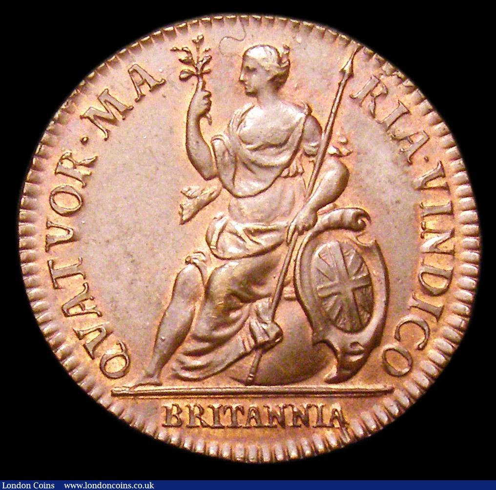 London Coins : A150 : Lot 2043 : Farthing 1665 Copper Pattern Bust with short hair Obverse 1a, Reverse A, Peck 412, UNC with traces o...