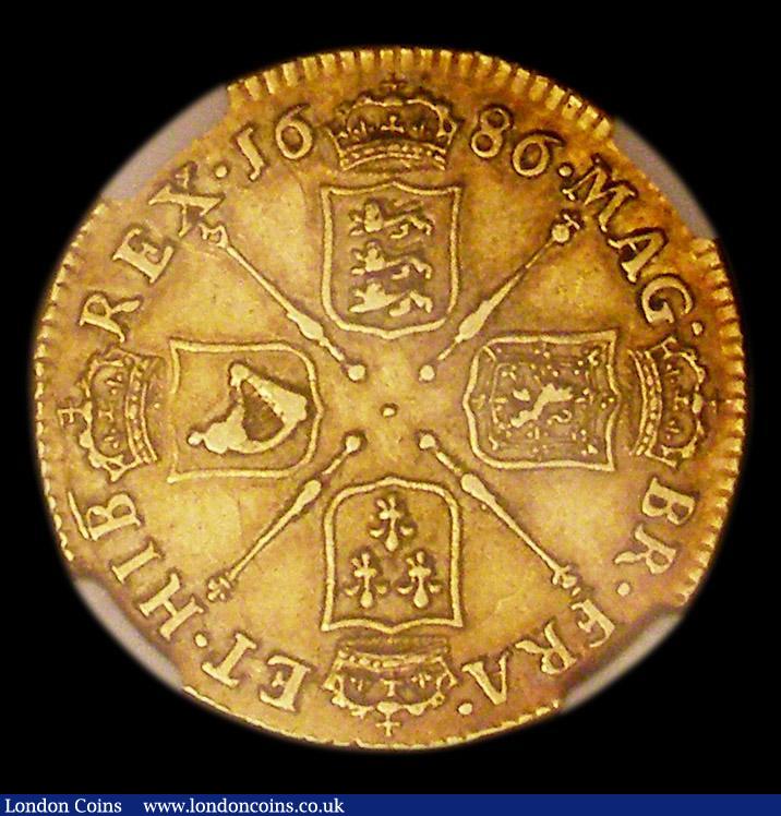 London Coins : A150 : Lot 2193 : Guinea 1686 James II First Laureate Bust S3400 pleasing VF and graded XF45 by NGC and in their holde...