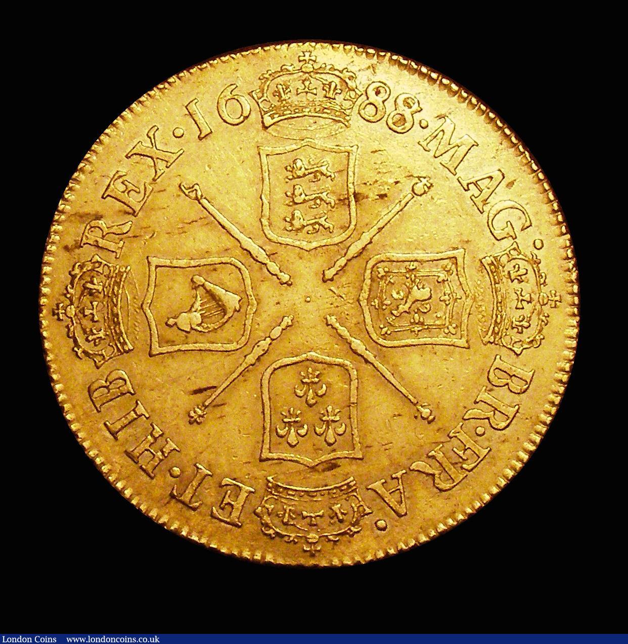 London Coins : A150 : Lot 3117 : Two Guineas 1688 8 over 7 S.3399 GVF with some light haymarking on the reverse, a pleasing and evenl...
