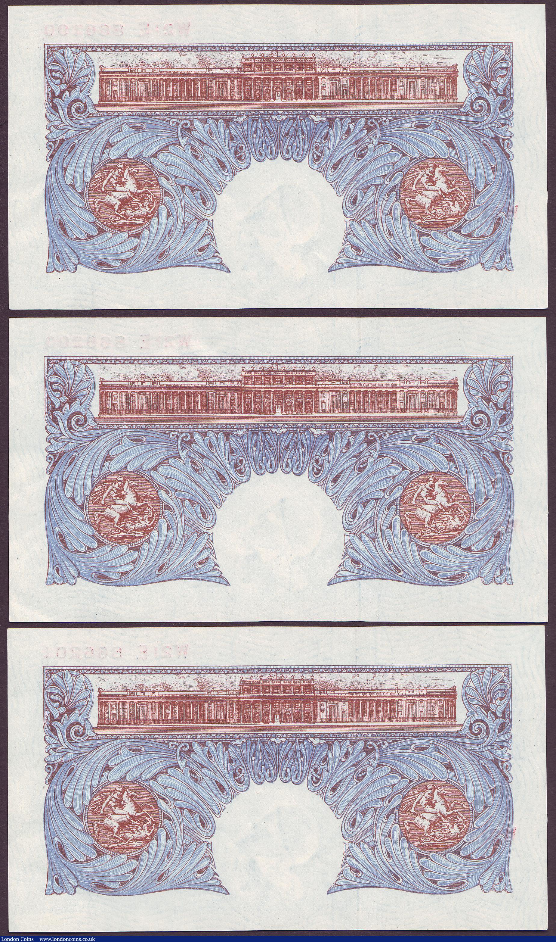 London Coins : A150 : Lot 98 : One pound Peppiatt B249 (3) blue WW2 issue, a consecutive numbered run series W21E 866199 to W21E 86...