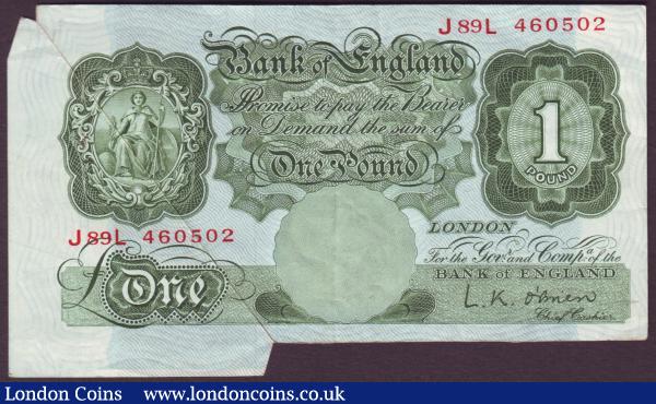 ERROR £1 O'Brien B273 issued 1955 series J89L 460502, large section of extra paper on the left hand side, VF : English Banknotes : Auction 151 : Lot 145