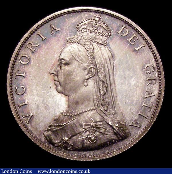 Florin 1887 Jubilee Head Proof Davies dies 4A, unlisted by ESC, a recent discovery, the obverse with a slightly smaller bust, and with I.E.B on the truncation, a small vertical indentation or groove runs up from the truncation just to the left of the imperial insignia, an example was offered previously in the Peter Davies collection London Coins Auction A124 28/2/2009 (Lot 1199) described as Prooflike EF, this a superior piece, UNC nicely toned, and retaining much lustre, the bust fully frosted and thus confirming the discovery coin : English Coins : Auction 151 : Lot 2431