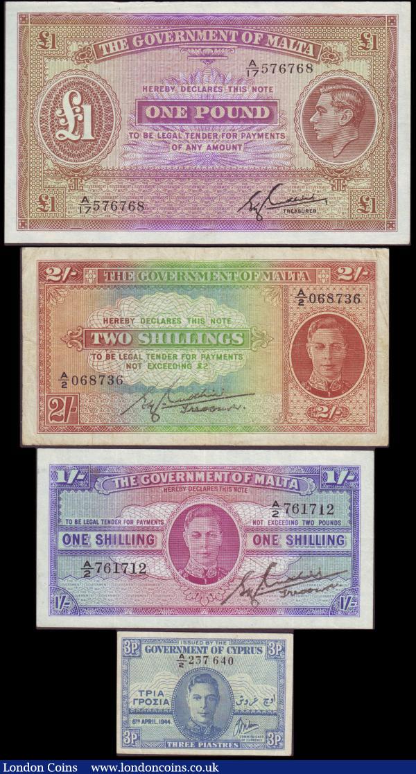 Malta (3) One Pound 1940-1943 Pick 20 EF, Two Shillings 1940-1943 Pick 17b About Fine with a tear at the bottom, One Shilling 1940-1943 VF, Cyprus Three Piastres 1944 Pick 28 GVF : World Banknotes : Auction 151 : Lot 411