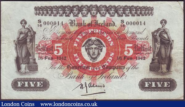 Northern Ireland, Bank of Ireland £5 dated 16th February 1942 first series low number with the Adams signature  S/16 000014, Pick52c (Blake & Callaway BA 99), cleaned & pressed, Fine : World Banknotes : Auction 151 : Lot 436