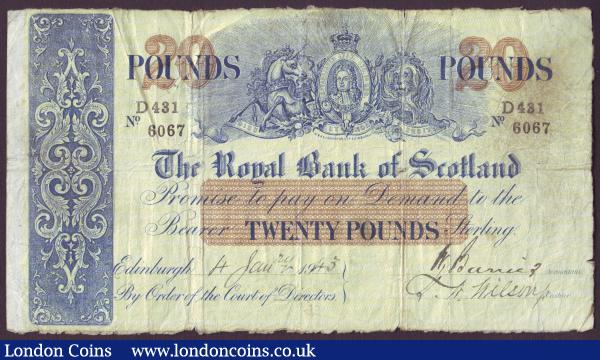 Scotland, The Royal Bank of Scotland £20, large size, dated 4th January 1943 series D431/6067, Pick319b, small inked number reverse, small hole & edge nicks, about Fine : World Banknotes : Auction 151 : Lot 534
