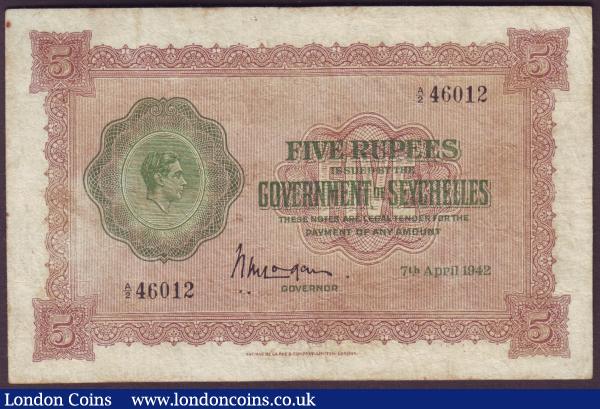 Seychelles 5 rupees dated 7th April 1942 series A/2 46012, KGVI portrait, Pick8, washed & pressed, about Fine : World Banknotes : Auction 151 : Lot 546