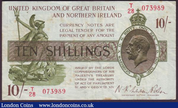 Ten shillings Warren Fisher T33 issued 1927 series T/28 073989, Northern Ireland in title, light foxing & pinholes, Fine+ : English Banknotes : Auction 151 : Lot 66