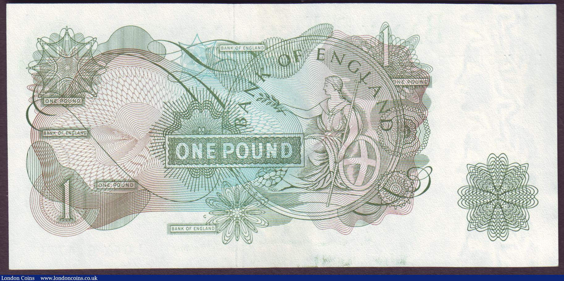 London Coins : A151 : Lot 120 : One pound Hollom B292 issued 1963 last series L04X 614778, "G" reverse, Pick374d, about UN...