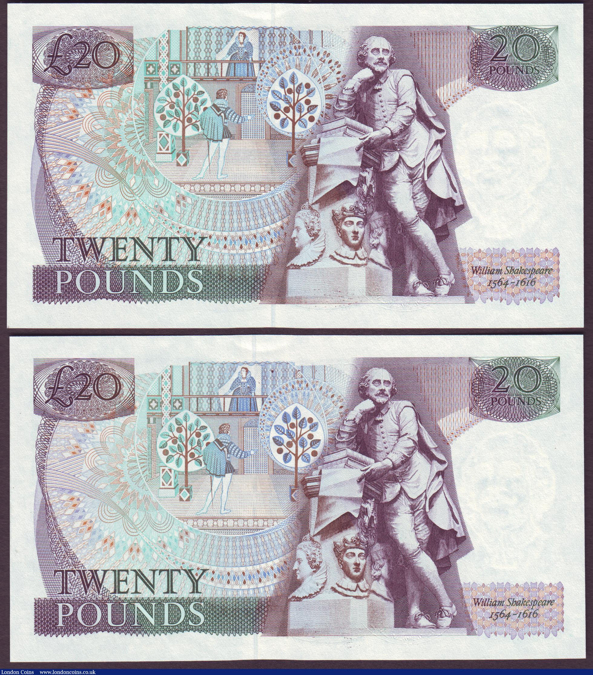 London Coins : A151 : Lot 137 : Twenty pounds Gill B355 (2) issued 1988 last series 20X 998639 & 20X 998840 (from C102 packs), P...