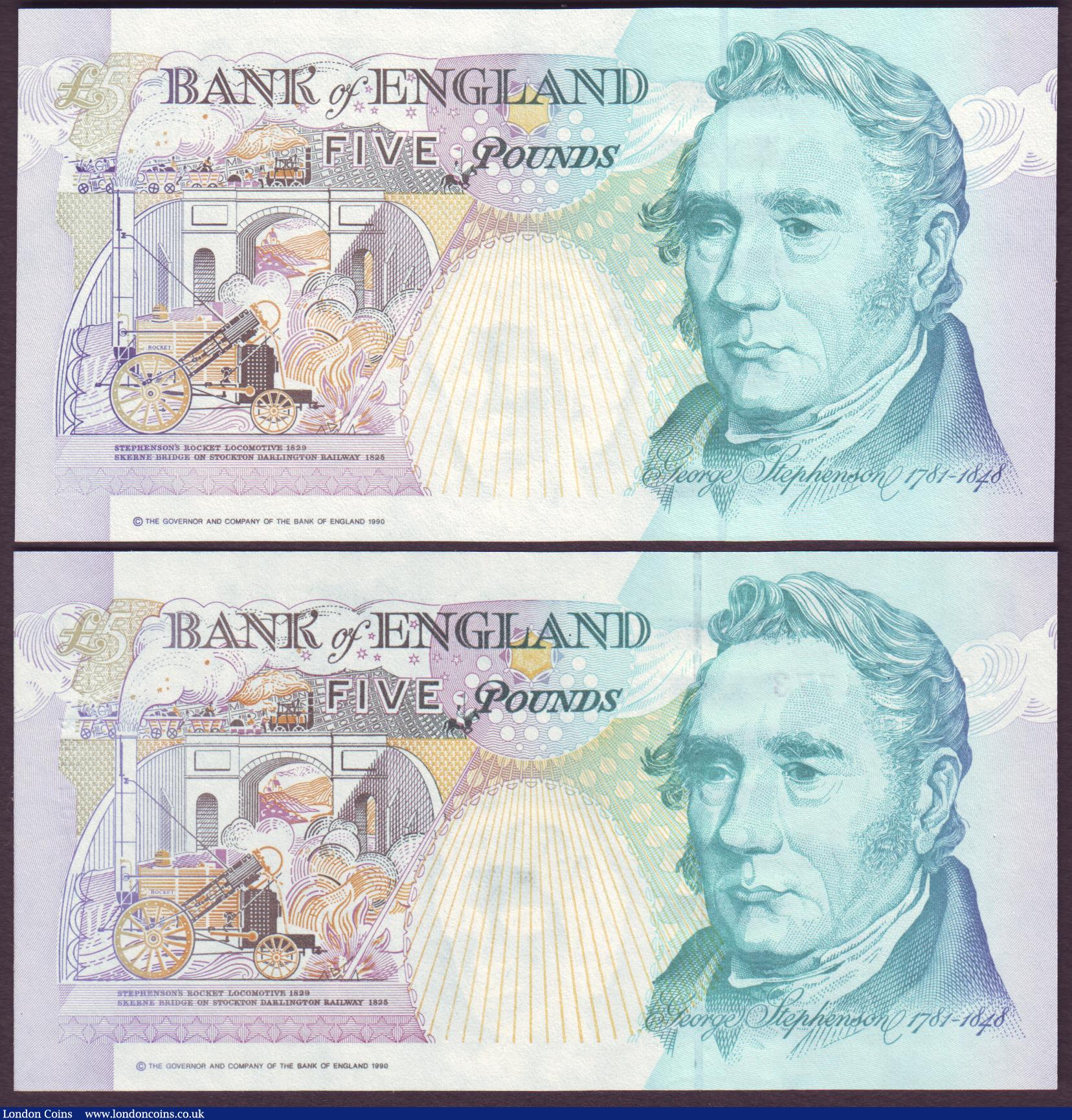 London Coins : A151 : Lot 139 : Five pounds Kentfield B362 (2) issued 1991first series R01 500509 & R01 501773, Pick382b, UNC