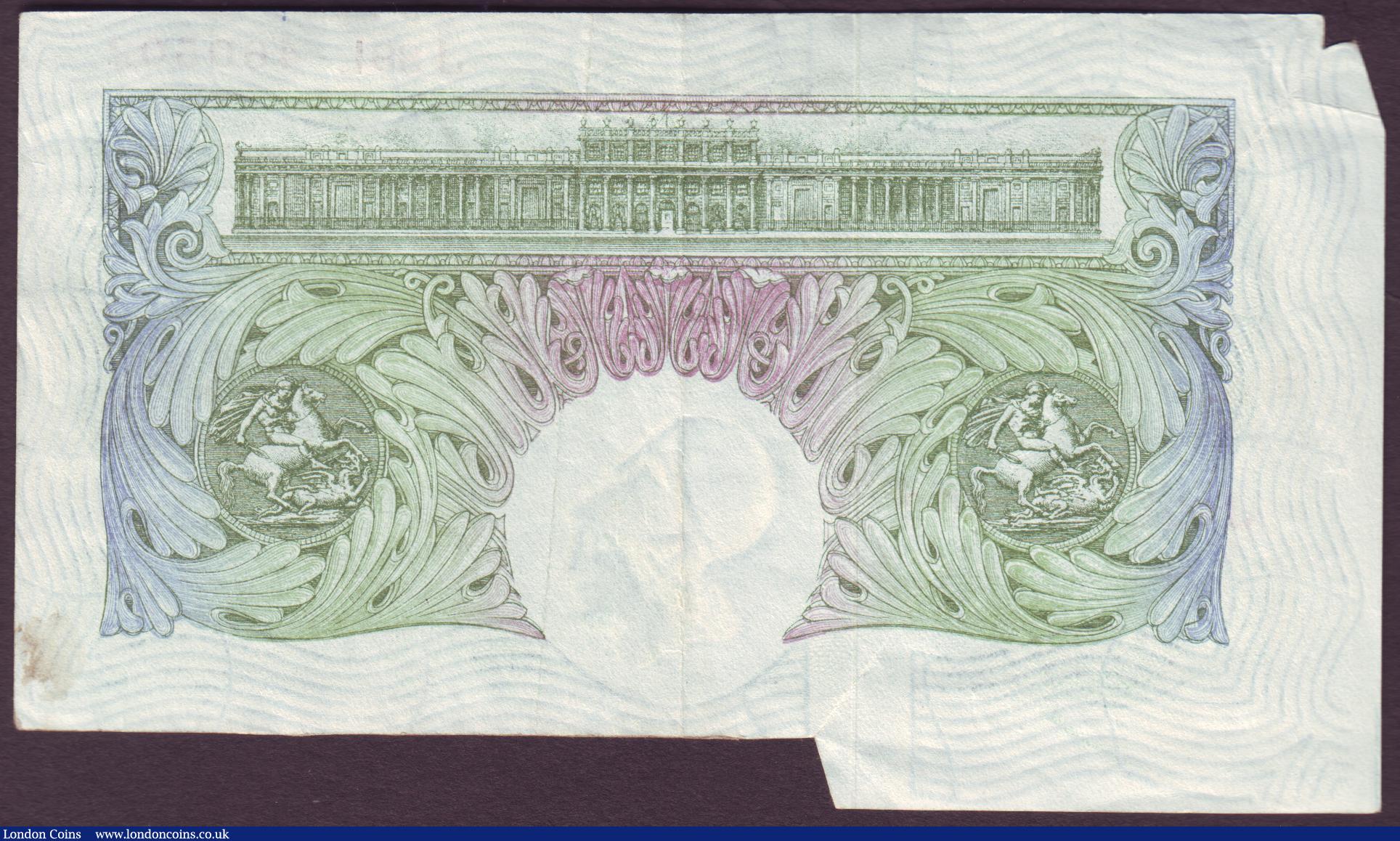 London Coins : A151 : Lot 145 : ERROR £1 O'Brien B273 issued 1955 series J89L 460502, large section of extra paper on the...