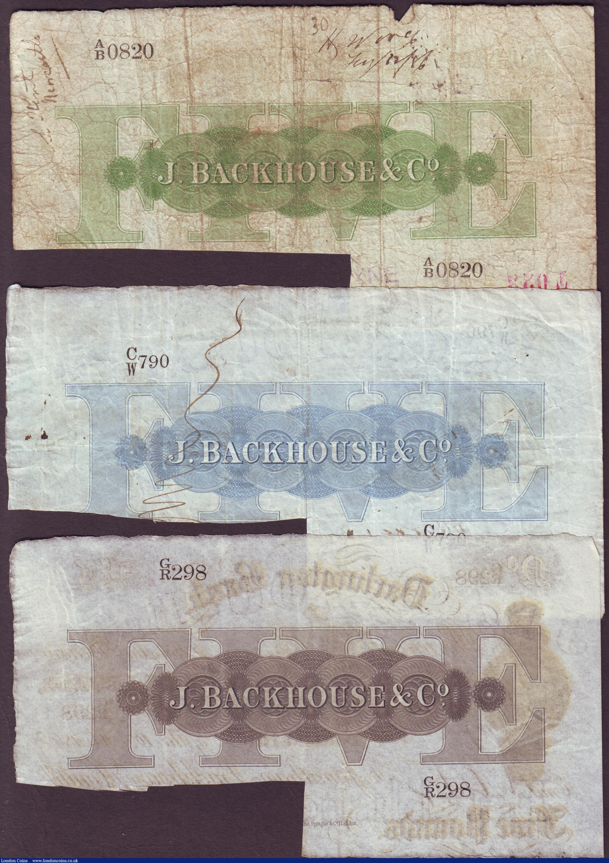 London Coins : A151 : Lot 152 :  Darlington Bank £5 1895 GVF, Durham Bank £5 1891 good Fine & Stockton on Tees Bank ...
