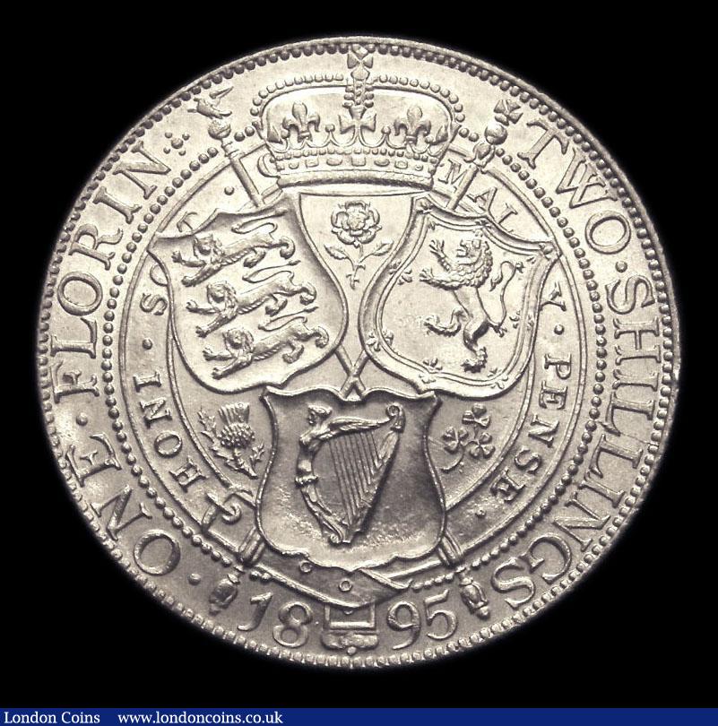 London Coins : A151 : Lot 1539 : Florin 1895 Davies 838, dies 2A, Obverse:- First I of VICTORIA points to a bead. Reverse :- Left han...