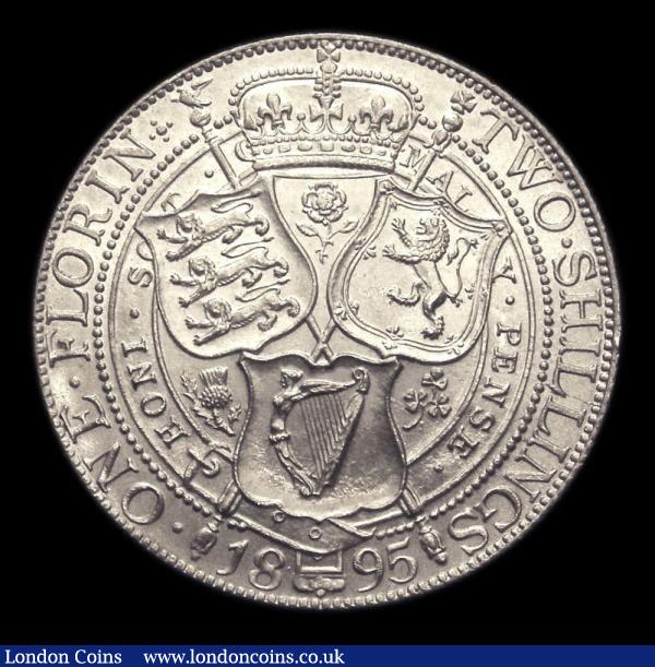 Florin 1895 Davies 838, dies 2A, Obverse:- First I of VICTORIA points to a bead. Reverse :- Left hand leg of H of SHILLINGS points to a bead on the inner ring, CGS type FL.V1.1895.03, A/UNC and lustrous, slabbed and graded CGS 75 : English Coins : Auction 151 : Lot 1539