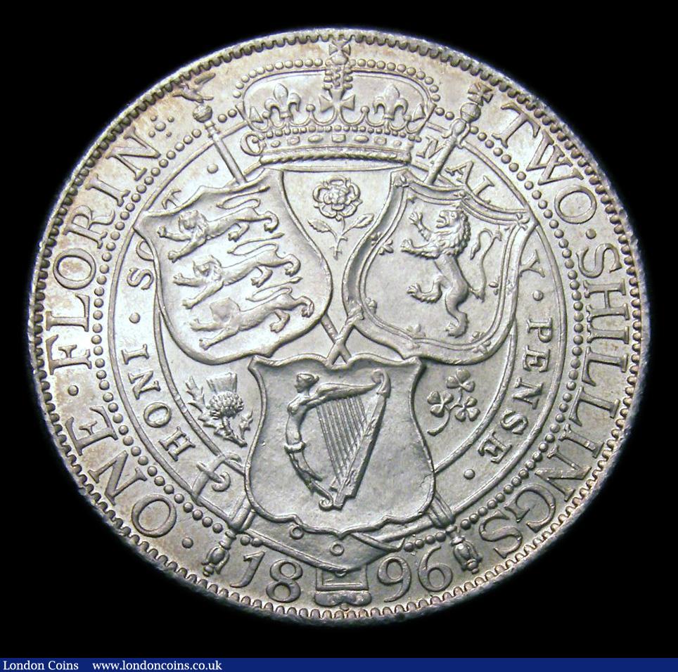 London Coins : A151 : Lot 1540 : Florin 1896 Davies 841, dies 1B. Obverse: First I in VICTORIA points to a space. Reverse: Lower left...