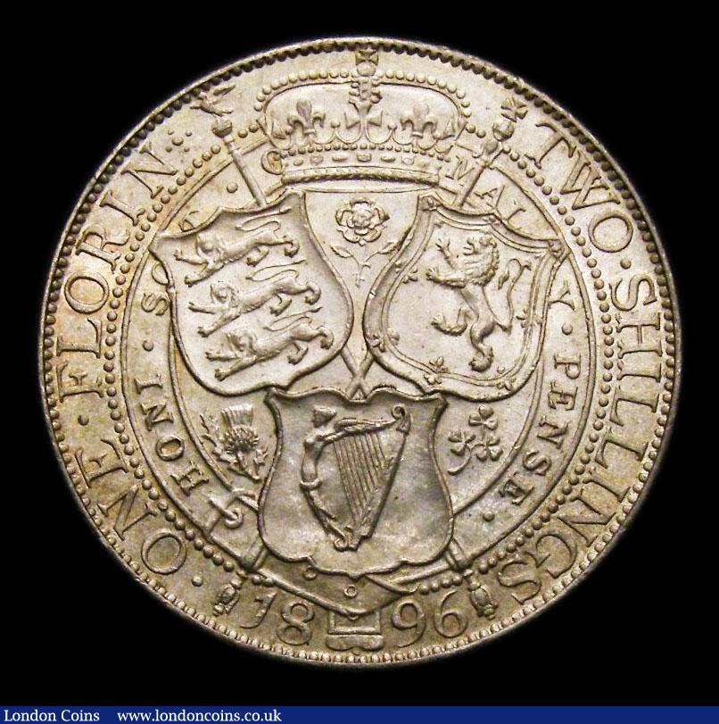 London Coins : A151 : Lot 1541 : Florin 1896 Davies 843 dies 2B. Obverse First I of VICTORIA points to a tooth. Reverse Left leg of H...