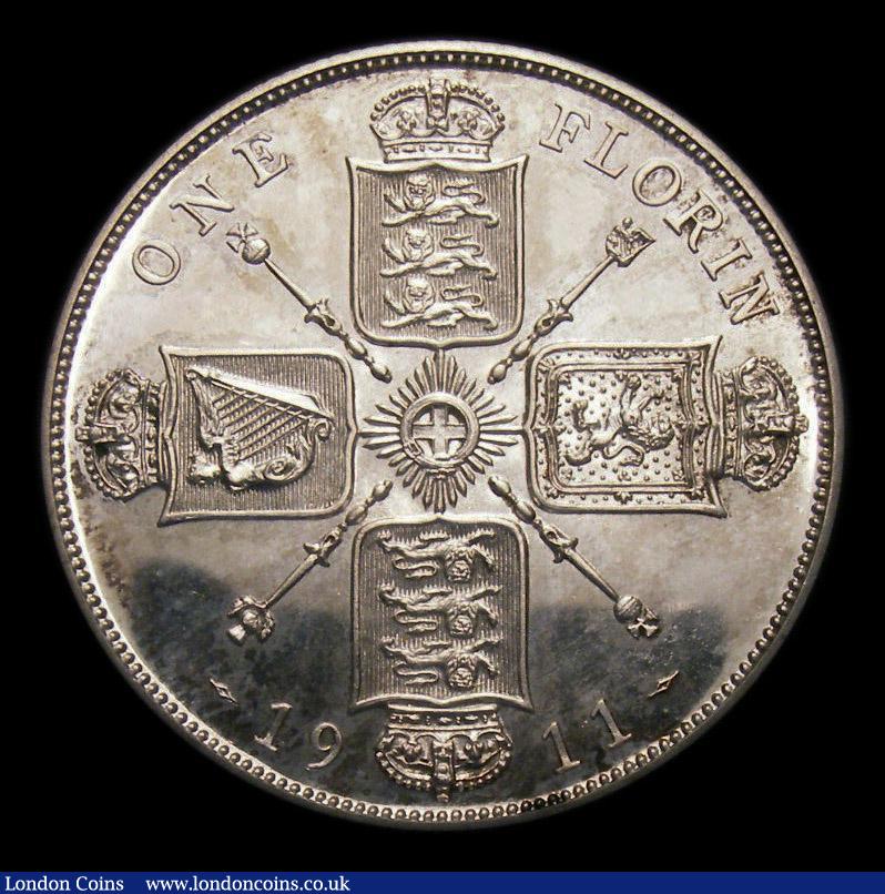 London Coins : A151 : Lot 1555 : Florin 1911 Proof Davies 1731P Dies 2A . I of GEORGIVS to space. Full neck, CGS type FL.G5.1911.04, ...